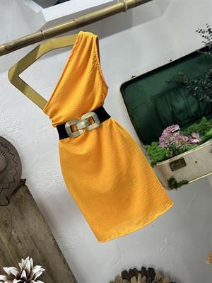 Keten Kumaş Tek Omuz Tasarım Elbise