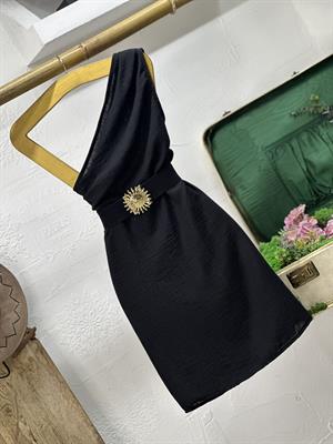 Keten Kumaş Tek Omuz Tasarım Elbise