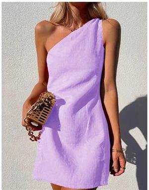 Keten Kumaş Tek Omuz Tasarım Elbise