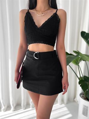 Keten Kumaş Toka Detaylı Renkli Şort Etek 