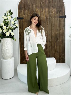 Keten Nakışlı Gömlek Ağaç Kabuğu Pantolon İkili Takım