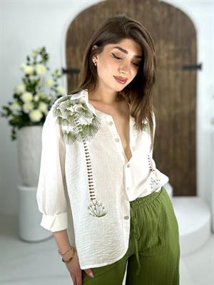 Keten Nakışlı Gömlek Ağaç Kabuğu Pantolon İkili Takım