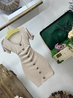 Kısa Kollu Düğme Detay Kaşkorse Elbise