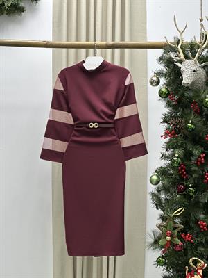 Kollar Organze Tül Detay Tasarım Kalem Elbisemiz Bordo