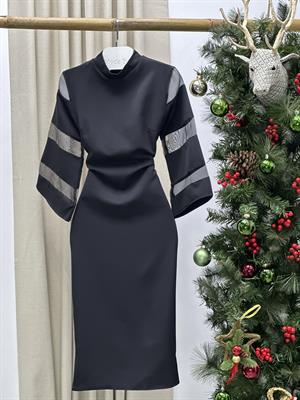 Kollar Organze Tül Detay Tasarım Kalem Elbisemiz Siyah