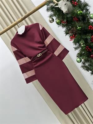 Kollar Organze Tül Detay Tasarım Kalem Elbisemiz Bordo