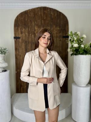 Krem Atlas Kumaş Vatkalı Büyük Cep Detaylı Blazer Ceket 