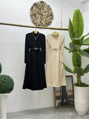 Krem Örme Crep Kumaş Balıkçı Yaka Derin Yırtmaçlı Midi Boy Elbise 