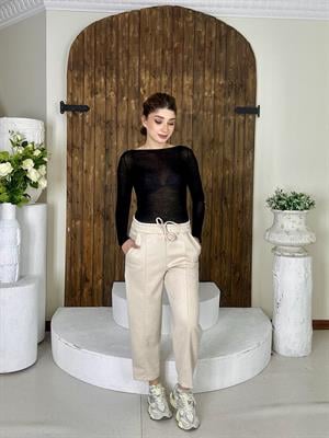 Krem Süet Kumaş Çimalı Havuç Pantolon 