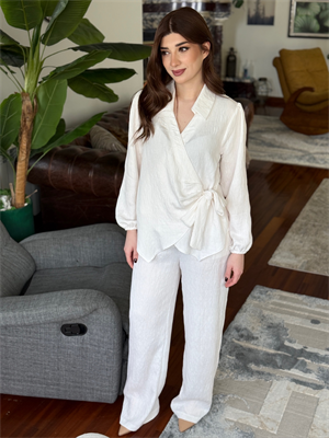 Gramajlı Saten Kumaş Kruvaze Gömlek&Pantolon  Beyaz