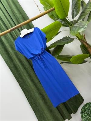 Kristal Pamuk Kumaş Bel Büzgülü Midi Boy Elbise Saks