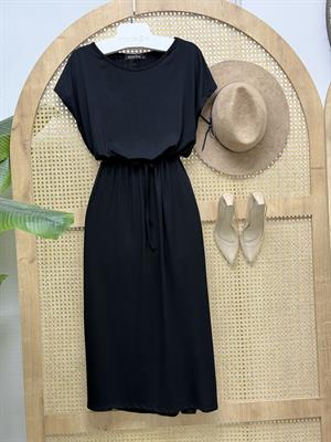 Kristal Pamuk Kumaş Bel Büzgülü Midi Boy Elbise Siyah