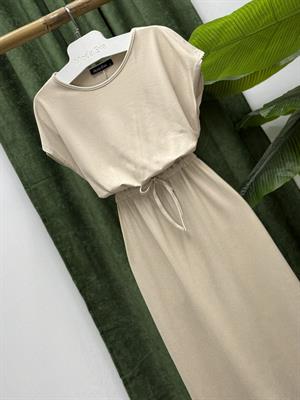 Kristal Pamuk Kumaş Bel Büzgülü Midi Boy Elbise Bej