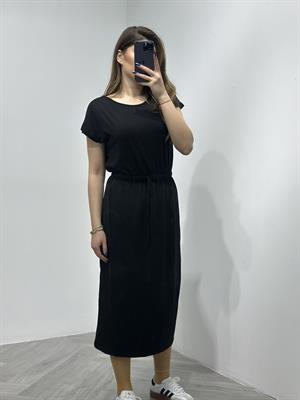 Kristal Pamuk Kumaş Bel Büzgülü Midi Boy Elbise Siyah