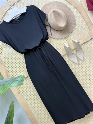 Kristal Pamuk Kumaş Bel Büzgülü Midi Boy Elbise Siyah