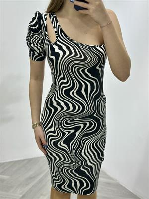 Kristal Pamuk Kumaş Dalga Desenli Tek Kol Kalem  Elbise