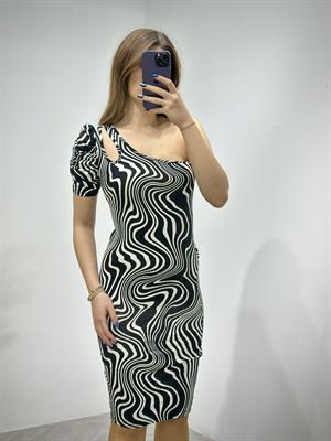 Kristal Pamuk Kumaş Dalga Desenli Tek Kol Kalem  Elbise