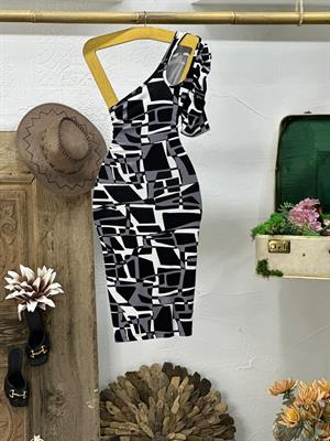 Kristal Pamuk Kumaş Damla Detay Tek Kol Geometrik Desen Elbise