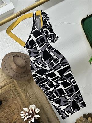 Kristal Pamuk Kumaş Damla Detay Tek Kol Geometrik Desen Elbise