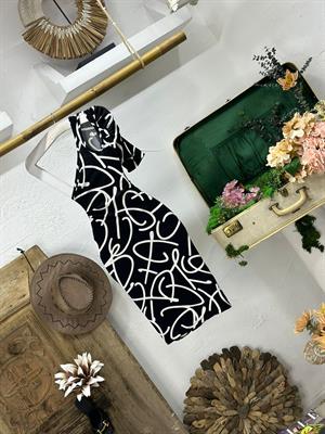 Kristal Pamuk Kumaş Damla Detaylı Siyah Beyaz Desenli Tek Kol Kalem  Elbise