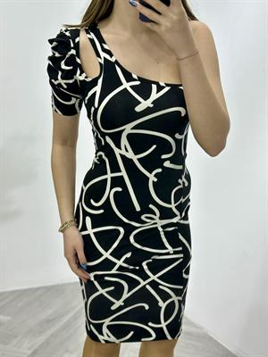 Kristal Pamuk Kumaş Damla Detaylı Siyah Beyaz Desenli Tek Kol Kalem  Elbise