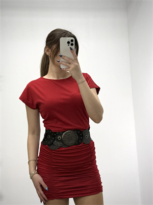 Kristal Pamuk Kumaş Drapeli Kalem Elbise Bordo