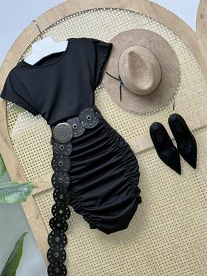 Kristal Pamuk Kumaş Drapeli Kalem Elbise Siyah