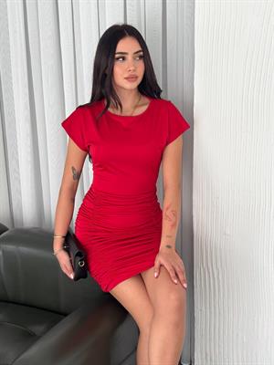 Kristal Pamuk Kumaş Drapeli Kalem Elbise Bordo