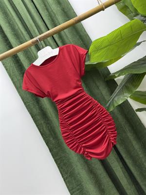 Kristal Pamuk Kumaş Drapeli Kalem Elbise Bordo