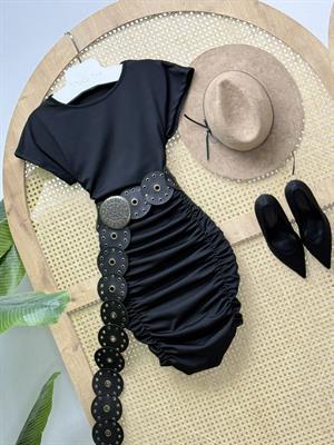 Kristal Pamuk Kumaş Drapeli Kalem Elbise Siyah