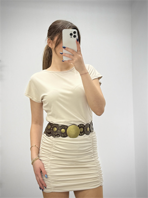 Kristal Pamuk Kumaş Drapeli Kalem Elbise Bej