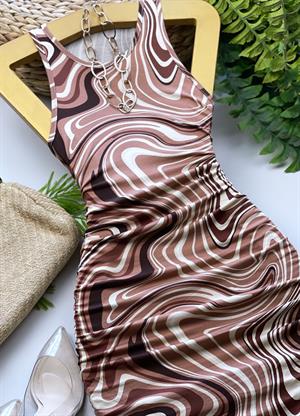 Kristal Pamuk Kumaş Halter Yaka Drapeli Kahve Dalga Desenli Kalem Elbise 