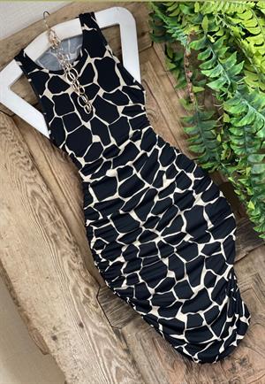 Kristal Pamuk Kumaş Halter Yaka Drapeli Büyük Taş Desenli Kalem Elbise