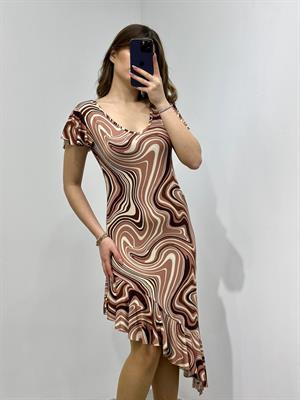 Kristal Pamuk Kumaş Kahve Desenli Asimetrik Elbise