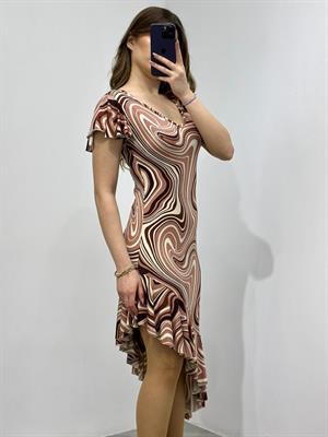 Kristal Pamuk Kumaş Kahve Desenli Asimetrik Elbise