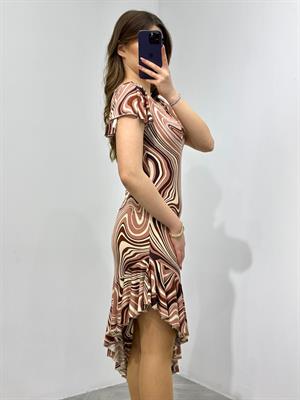 Kristal Pamuk Kumaş Kahve Desenli Asimetrik Elbise