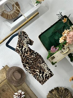 Kristal Pamuk Kumaş Leopar Desenli Tek Kol Kalem  Elbise