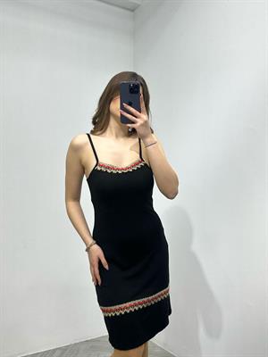 Kristal Pamuk Kumaş Rahat Kalıp Etnik Desen Detaylı Askılı Elbise Siyah