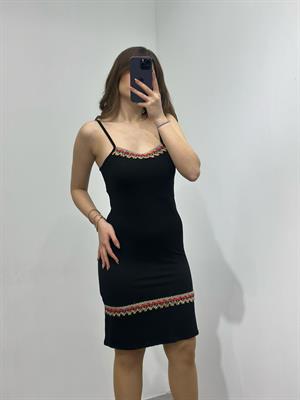 Kristal Pamuk Kumaş Rahat Kalıp Etnik Desen Detaylı Askılı Elbise Siyah