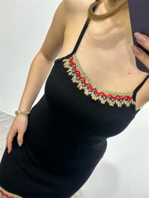 Kristal Pamuk Kumaş Rahat Kalıp Etnik Desen Detaylı Askılı Elbise Siyah