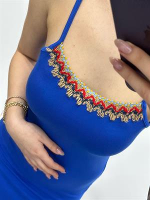 Kristal Pamuk Kumaş Rahat Kalıp Etnik Desen Detaylı Askılı Elbise Saks