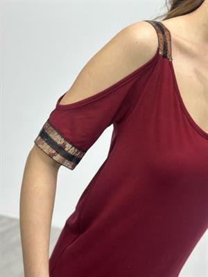 Kristal Pamuk Kumaş Rahat Kalıp Payet Detay Elbise Bordo