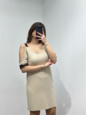 Kristal Pamuk Kumaş Rahat Kalıp Payet Detay Elbise Krem