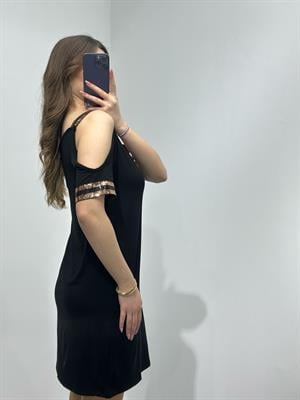 Kristal Pamuk Kumaş Rahat Kalıp Payet Detay Elbise Siyah