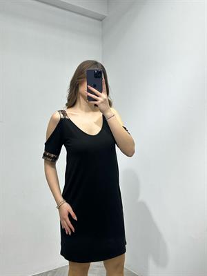 Kristal Pamuk Kumaş Rahat Kalıp Payet Detay Elbise Siyah