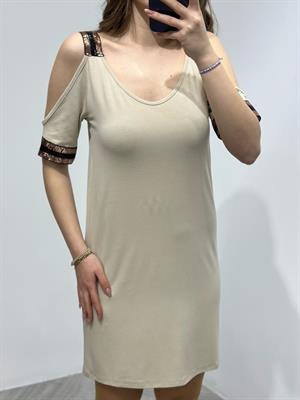 Kristal Pamuk Kumaş Rahat Kalıp Payet Detay Elbise Krem