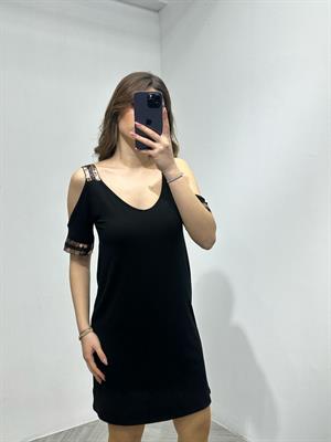 Kristal Pamuk Kumaş Rahat Kalıp Payet Detay Elbise Siyah