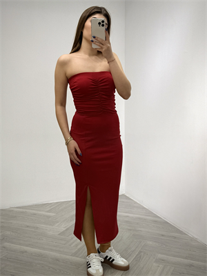 Kristal Pamuk Kumaş Straplez Yan Yırtmaçlı Kalem Elbise Bordo