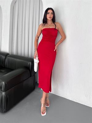 Kristal Pamuk Kumaş Straplez Yan Yırtmaçlı Kalem Elbise Bordo