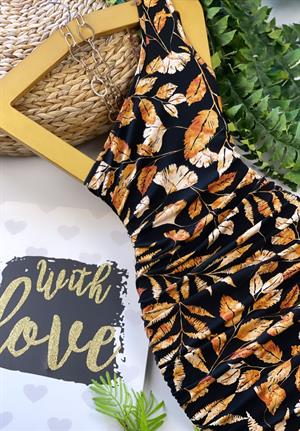 Kristal Pamuk Kumaş Yanlar Büzgülü Çiçek ve Yaprak Desenli Tek Omuz Kalem Elbise